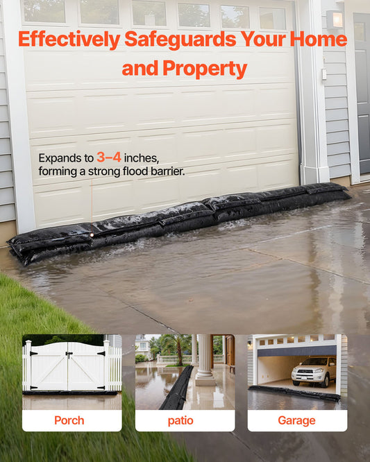 Flood Barrier, 10 Pack, 1530 x 210 mm Flood Bags with Bucket, Reusable Water Absorbent Barrier Activated by Water, Sandless Sandbags Blockage, Flooding Prevention Bags for Basement, Garage, Doorway