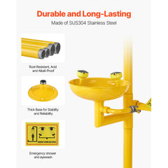 Emergency Shower Eye Wash Station, 34.25 x 15.75 x 91.73 Inch 304 Stainless Steel Eyewash and Shower Combination, OSHA-Approved First Aid Eye Wash Station, for Schools, Labs, Factories, Yellow