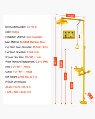 Emergency Shower Eye Wash Station, 34.25 x 15.75 x 91.73 Inch 304 Stainless Steel Eyewash and Shower Combination, OSHA-Approved First Aid Eye Wash Station, for Schools, Labs, Factories, Yellow