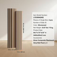 Wood Slat Acoustic Panels, 7.9 x 94.5 inch, MDF Accent Wooden Wall Panels for Modern Interior Wall Decor, Faux Wood Wall Board Panels for Noise Reduction, Silver Wood