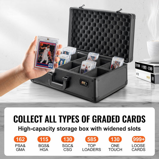 Graded Card Storage Box, 5 Slots, Graded Sports Cards Holder Carrying Case with Coded Lock Foam Dividers, for 162 PSA Graded Cards 115 BGS Cards 130 SGC Cards 585 Top Loaders or 999+ Loose Cards