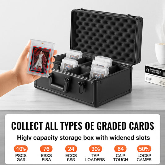Graded Card Storage Box, 4 Slots, Graded Sports Cards Holder Carrying Case with Key Lock Foam Dividers, for 108 PSA Graded Cards 76 BGS Cards 84 SGC Cards 388 Top Loaders or 999+ Loose Cards
