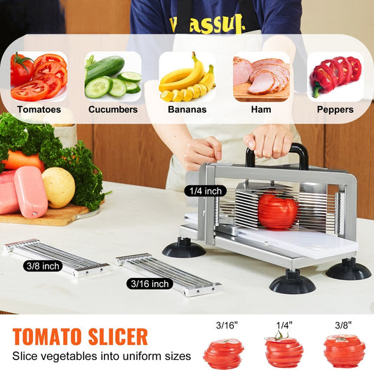 Commercial Tomato Slicer, 1/4"+3/8"+3/16" Tomato Cutter Slicer, Stainless Steel Heavy Duty Tomato Slicer Machine, Manual Tomato Slicer with Non-slip Feet, Cutting Tomatoes, Cucumbers, Bananas