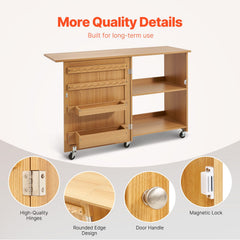Folding Sewing Table with Lockable Wheels Shelves Trays Door Wood Color