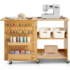 Folding Sewing Table with Lockable Wheels Shelves Trays Door Wood Color