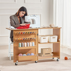 Folding Sewing Table with Lockable Wheels Shelves Trays Door Wood Color