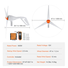 500W Wind Turbine Generator, 12V Wind Turbine Kit, 3-Blade Wind Power Generator with Anemometer, MPPT Controller & Adjustable Windward Direction, Suitable for Home, Farm, RVs, Boats