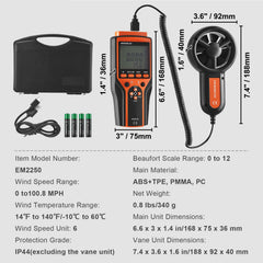 Split Handheld Anemometer, Digital Wind Speed CFM Meter Gauge with LED Backlight Screen, Measures Wind Velocity Wind Temperature Air Flow Wind Chill, for Sailing Surfing Flying HVAC