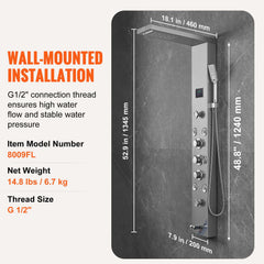 Shower Panel System, 6 Shower Modes, LED & Screen Hydroelectricity Shower Panel Tower, Rainfall, Waterfall, 8 Massage Jets, Tub Spout, Handheld Shower, Stainless Steel Wall-Mounted Shower Set