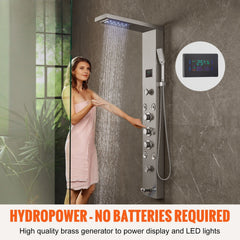 Shower Panel System, 6 Shower Modes, LED & Screen Hydroelectricity Shower Panel Tower, Rainfall, Waterfall, 8 Massage Jets, Tub Spout, Handheld Shower, Stainless Steel Wall-Mounted Shower Set