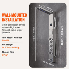Shower Panel System, 6 Shower Modes, LED & Screen Hydroelectricity Shower Panel Tower, Rainfall, Waterfall, 5 Massage Jets, Tub Spout, Handheld Shower, Stainless Steel Wall-Mounted Shower Set