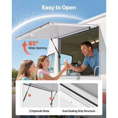 Concession Window 188x102cm, Aluminum Alloy Frame Service Window for Food Truck, Up to 85 Degrees Stand Serving Window with Awning Door and Drag Hook, Rainwater Resistant for Concession Trailer