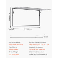 Concession Window 188x102cm, Aluminum Alloy Frame Service Window for Food Truck, Up to 85 Degrees Stand Serving Window with Awning Door and Drag Hook, Rainwater Resistant for Concession Trailer