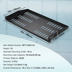 2PCS 1U Server Rack Shelf, 254mm Depth, 22.68kg Max Load Capacity Vented Cantilever or Wall Mount Rack Mount Shelf with Tray, Good Air Circulation for 482.6mm Network Cabinet or Equipment Rack