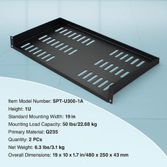 2PCS 1U Server Rack Shelf, 254mm Depth, 22.68kg Max Load Capacity Vented Cantilever or Wall Mount Rack Mount Shelf with Tray, Good Air Circulation for 482.6mm Network Cabinet or Equipment Rack