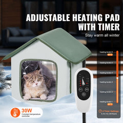 Elevated Heated Cat House, Outdoor Kitty Shelter with Timer, 600D Oxford Cloth Foldable Cat Shelter with Heated Pad for Winter to Stay Warm and Cozy, Green (Small)