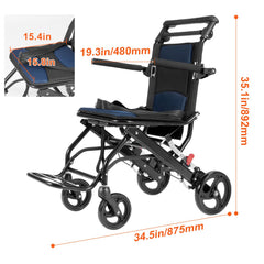 Wheelchair, Aluminum Alloy Ultra-Lightweight Transport Chair for Adults, Foldable Cabin Wheelchair with Flip-Back Desk-Length Arms, Self-locking Brake, 15.75-Inch Wide Seat, 220lbs Load