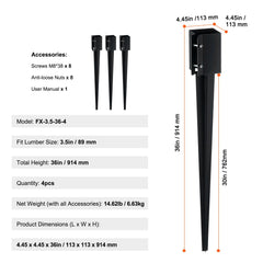 Fence Post Anchor Ground Spike 4 Pack 36 x 4 x 4 In Metal Fence Stakes