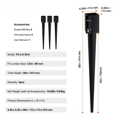 Fence Post Anchor Ground Spike 4 Pack 36 x 4 x 4 In Metal Fence Stakes