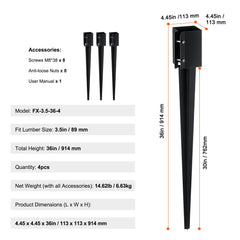 Fence Post Anchor Ground Spike 4 Pack 36 x 4 x 4 In Metal Fence Stakes
