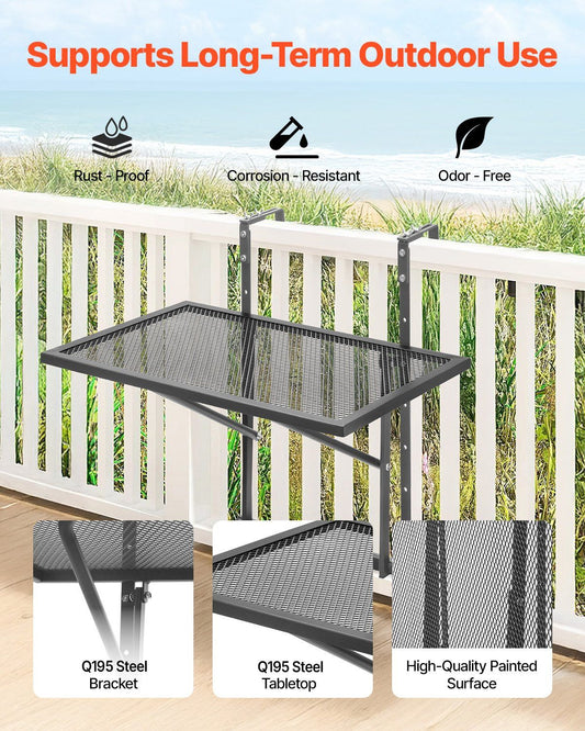 Balcony Hanging Table, 610 x 410 mm Metal Folding Balcony Railing Table, Outdoor Balcony Bar Table for Railings, 5-Level Adjustable, Fit Railing from 1" to 4.7", Serving Table for Patio & Deck
