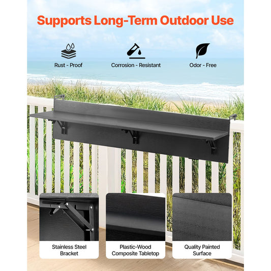 Balcony Hanging Table, 12 x 48 in Folding Balcony Railing Table, Outdoor Balcony Bar Table for Railings, 50 lbs Loading, Fit Railing from 1" to 4.3", Serving Table for Patio & Deck