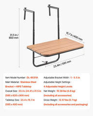 Balcony Hanging Table, 595 x 400 mm Folding Balcony Railing Table, Outdoor Balcony Bar Table for Railings, 4-Level Adjustable, Fit Railing from 1" to 8.27", Serving Table for Patio & Deck