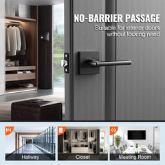Passage Door Handle, 1 Pack Matte Black Door Lever, Left or Right Handing Reversible Lever Non-Locking, Rotation to Open, Square Interior Door Handles for Hallways, Closets, Meeting Spaces