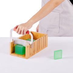 Soap Making Kit, Bamboo Cutting Box and Inner Box with Silicone Mold, Stainless Steel Straight Cutter and Wavy Cutter, 100 Bags and 105 Stickers, Soap Making Supplies DIY Kits for Adults