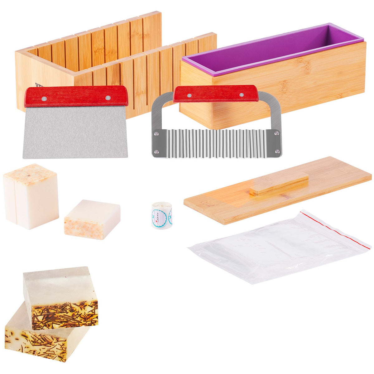 Soap Making Kit, Bamboo Cutting Box and Inner Box with Silicone Mold, Stainless Steel Straight Cutter and Wavy Cutter, 100 Bags and 105 Stickers, Soap Making Supplies DIY Kits for Adults