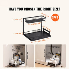 2-Tier Wire Pull Out Cabinet Under Sink Basket Organizer 10.7"x14.2" 2PCS