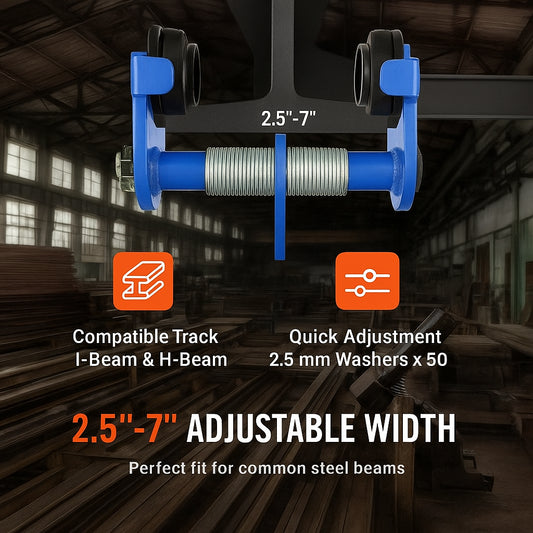 Manual Trolley, 2 Ton Load Capacity, Push Beam Trolley with Dual Wheels, Adjustable for I-Beam Flange Width 63.5 mm to 177.8 mm, Heavy Duty Alloy Steel Garage Hoist for Straight Curved I Beam