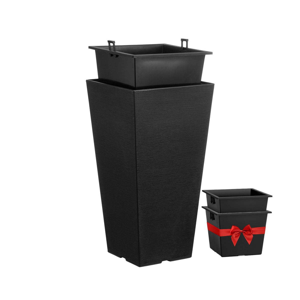 Tall Planter, Set of 2 Tall Square Tapered Planters, 57 cm Large Modern Gardening and Flower Plastic Pots, Decorative Tall Black Planter with Drainage Hole, for Porch, Patio, Indoor & Outdoor