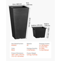 Tall Planter, Set of 2 Tall Square Tapered Planters, 57 cm Large Modern Gardening and Flower Plastic Pots, Decorative Tall Black Planter with Drainage Hole, for Porch, Patio, Indoor & Outdoor