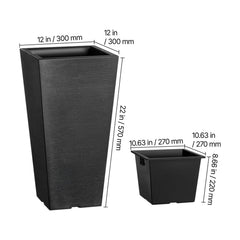 Tall Planter, Set of 2 Tall Square Tapered Planters, 57 cm Large Modern Gardening and Flower Plastic Pots, Decorative Tall Black Planter with Drainage Hole, for Porch, Patio, Indoor & Outdoor