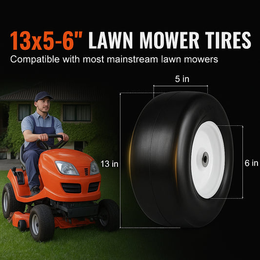 Lawn Mower Tires with Rim, 13x5-6" Tubeless Tractor Tires, 2-Pack Tire and Wheel Assembly, Flat-free PU Tires, 3.25"-5.9" Centered Hub, 3/4" Bushing Size, 20 PCS Adapter for Lawn Mowers Tractors