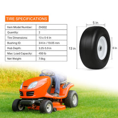 Lawn Mower Tires with Rim, 13x5-6" Tubeless Tractor Tires, 2-Pack Tire and Wheel Assembly, Flat-free PU Tires, 3.25"-5.9" Centered Hub, 3/4" Bushing Size, 20 PCS Adapter for Lawn Mowers Tractors