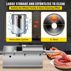 Manual Sausage Stuffer, 3 L / 7 LBS Horizontal Sausage Machine, Dual-Speed Meat Stuffer, Made of Food-Grade 304 Stainless Steel, Includes 5 Stuffing Tubes, for Home Kitchen Restaurant Commercial