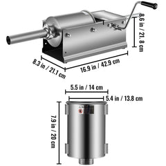 Manual Sausage Stuffer, 3 L / 7 LBS Horizontal Sausage Machine, Dual-Speed Meat Stuffer, Made of Food-Grade 304 Stainless Steel, Includes 5 Stuffing Tubes, for Home Kitchen Restaurant Commercial