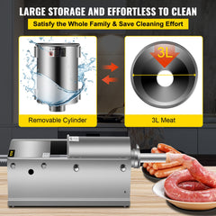 Manual Sausage Stuffer, 3 L / 7 LBS Horizontal Sausage Machine, Dual-Speed Meat Stuffer, Made of Food-Grade 304 Stainless Steel, Includes 5 Stuffing Tubes, for Home Kitchen Restaurant Commercial