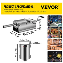 Manual Sausage Stuffer, 3 L / 7 LBS Horizontal Sausage Machine, Dual-Speed Meat Stuffer, Made of Food-Grade 304 Stainless Steel, Includes 5 Stuffing Tubes, for Home Kitchen Restaurant Commercial