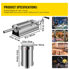 Manual Sausage Stuffer, 5 L / 11 LBS Horizontal Sausage Machine, Dual-Speed Meat Stuffer, Made of Food-Grade 304 Stainless Steel, Includes 5 Stuffing Tubes, for Home Kitchen Restaurant Commercia
