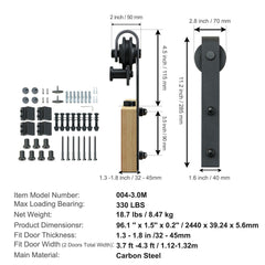 2440 mm Sliding Barn Door Hardware Closet Track Kit for Double Doors J Hanger