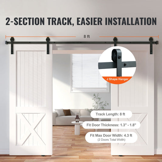 2440 mm Sliding Barn Door Hardware Closet Track Kit for Double Doors J Hanger