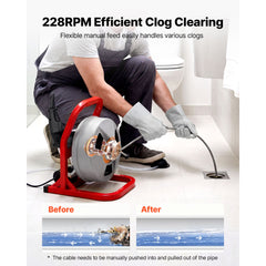 Drain Cleaner Machine 15m x 8mm, Sewer Snake Auger with 228RPM Electric Drill, Manual Feed Drain Cleaning Machine with 6 Cutters & Air-activated Foot Switch for 50mm to 100mm Pipes