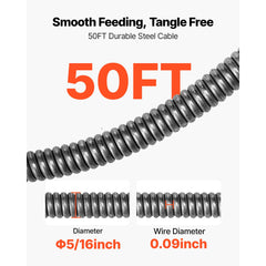 Drain Cleaner Machine 15m x 8mm, Sewer Snake Auger with 228RPM Electric Drill, Manual Feed Drain Cleaning Machine with 6 Cutters & Air-activated Foot Switch for 50mm to 100mm Pipes