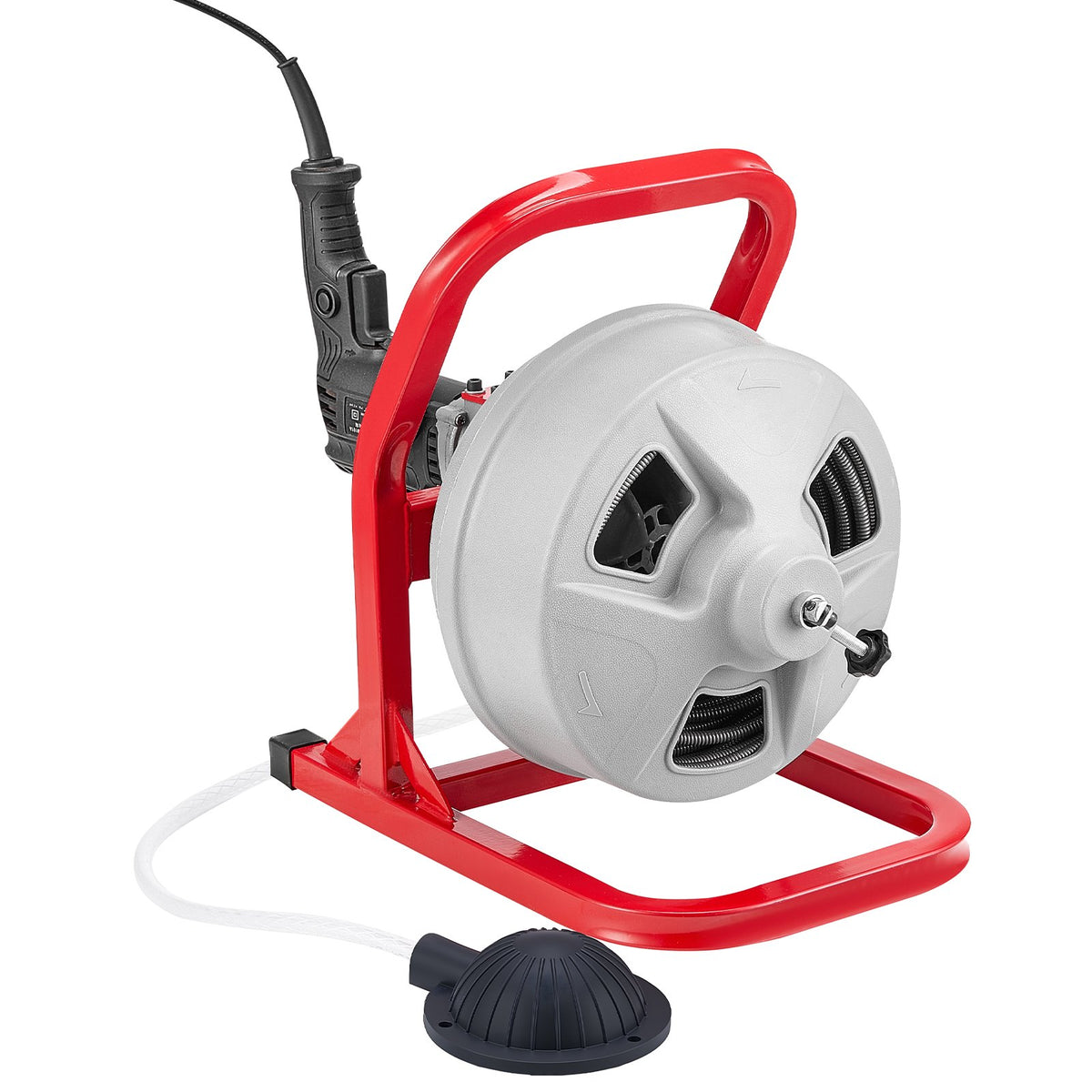 Drain Cleaner Machine 15m x 8mm, Sewer Snake Auger with 228RPM Electric Drill, Manual Feed Drain Cleaning Machine with 6 Cutters & Air-activated Foot Switch for 50mm to 100mm Pipes