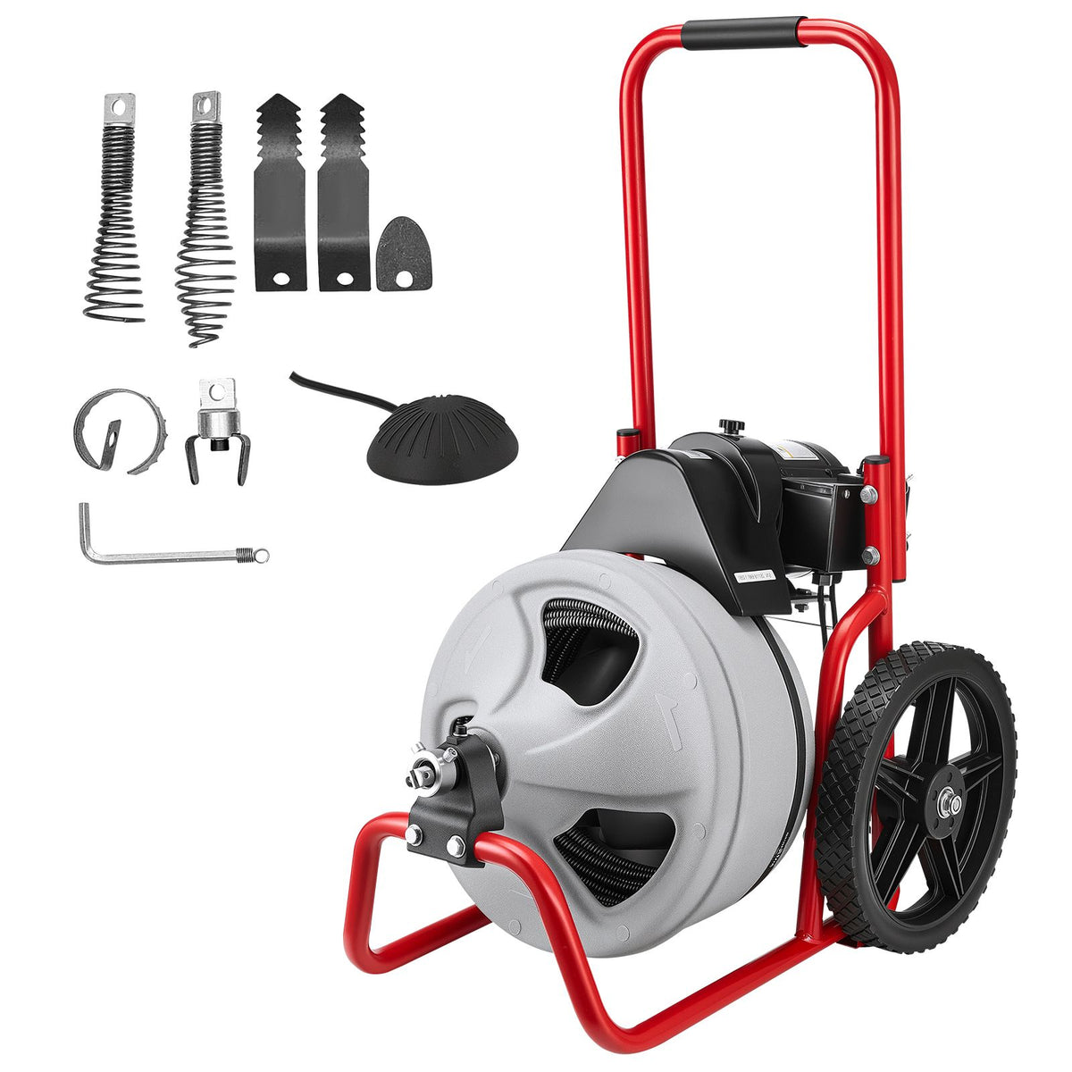 Drain Cleaner Machine 22m x 9.5mm, Sewer Snake Auger Manual Feed on Wheels, Portable Drain Cleaning Machine with 6 Cutters & Air-activated Foot Switch for 50mm to 100mm Pipes