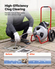 Drain Cleaner Machine 22m x 9.5mm, Sewer Snake Auger Manual Feed on Wheels, Portable Drain Cleaning Machine with 6 Cutters & Air-activated Foot Switch for 50mm to 100mm Pipes