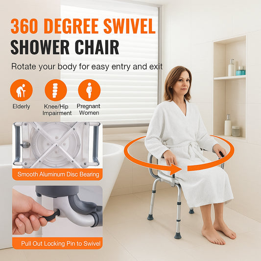 Swivel Shower Chair 360 Degree, Adjustable Shower Seat with Armrests and Backrest for Inside Shower or Bathtub, Non-Slip Rotating Bathtub Chair Seat for Elderly Disabled Injured, 400lbs Capacity